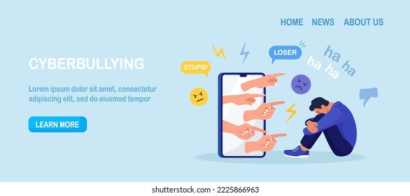 Cyber Bullying. Sad teenage man sitting in front of phone screen with dislike in social media, mockery. Depressed young person after insult, swear, verbal abuse in internet. Depression, stress concept