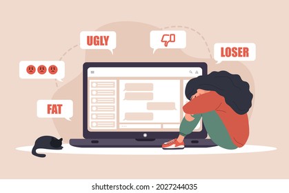 Cyber bullying. Sad woman with laptop receiving pop up messages. Online abuse concept. Teenager sitting on the floor and crying. Vector illustration in flat cartoon style.