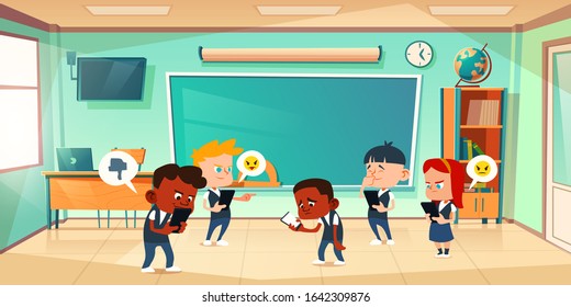 Cyber bullying in school, conflict and violence situation with sad black boy in classroom among laughing teenagers messaging in smartphone, internet cyberbulling, abuse Cartoon vector illustration