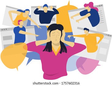 Cyber Bullying School, Teen Kid Harassment Classmate, Male Female Character Abuse Girl Covered Ears Isolated On White, Flat Vector Illustration. Web Social Solicitation, Unstable Emotional State.