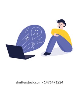 Cyber bullying, a situation of conflict and violence with a frightened man, boy or teenager. Bulling, violence and conflict on the Internet and the web. Vector flat illustration.