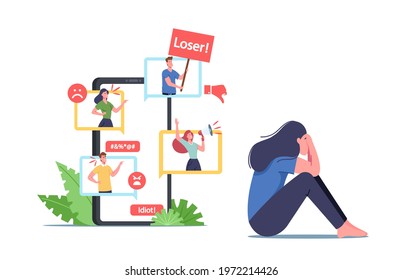 Cyber Bullying, Social Attack, Bully Hate. Teen Character Crying front of Smartphone Screen after Being Bullied and Called Nasty Names over Internet. Cyberbullying Abuse. Cartoon Vector Illustration