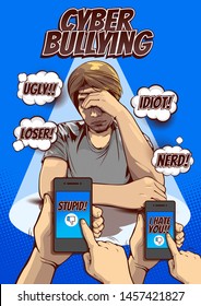 cyber bullying and social media, Being Bullied By Text Message, Signs and Symptoms of Stress in Men, Pictures of men hold the head with hand, comic cover template background, speech bubbles, vector