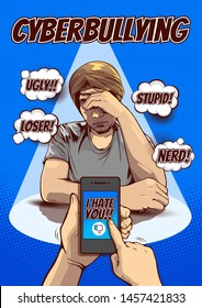 cyber bullying and social media, Being Bullied By Text Message, Signs and Symptoms of Stress in Men, Pictures of men hold the head with hand, comic cover template background, speech bubbles, vector