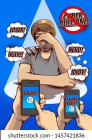 cyber bullying and social media, Being Bullied By Text Message, Signs and Symptoms of Stress in Men, Pictures of men hold the head with hand, comic cover template background, speech bubbles, vector