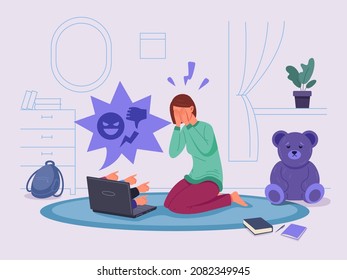 Cyber bullying. Social media cyberbully, computer troll online, abuse girl, school hater attack child, violence, depressed woman cry, vector illustration. Cyber bully problem, cyberbullying internet