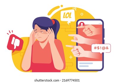 Cyber bullying and social media hate comment illustration concept, Depressed young woman after insult, swear, verbal abuse in internet