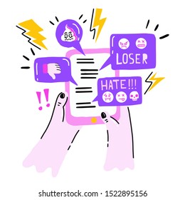 Cyber bullying, social network harassment concept. Vector illustration with hands holding smartphone with insulting messages. Humiliation, aggressive verbal assault. Cartoon style.  