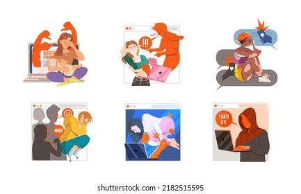 Cyber bullying in social networks. People suffering from violence, hatred and online abuse vector illustration