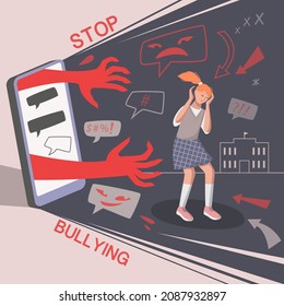 Cyber bullying in social networks. Scared teen girl and haters messages, bullying concept. Vector illustration.