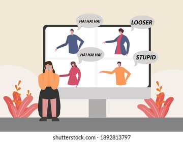Cyber bullying vector concept: Sad girl wearing face mask while having bullied by her friends at study online on computer