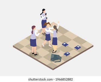 Cyber bullying vector concept. Cyber bullying vector concept. Two female students using a cellphone to filming classmates fight while standing in the school while standing in the school
