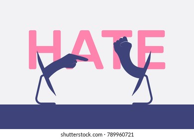 cyber bullying vector illustration, flat silhouette, text banner, concept for design, monitor, hand pulling, finger pokes, fist swings, hate, white, pink, blue