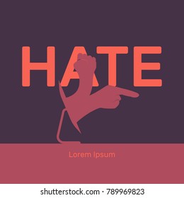 cyber bullying vector illustration, flat silhouette, text banner, concept for design, monitor, hand stretches, finger pokes, fist swings, hatred, oranje, dark, red, violet
