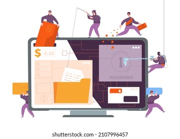 Cyber burglars. Hackers steal personal information, internet scam phishing web criminals online crime digital fraud, computer security, password data thief, vector of crime cyber illustration