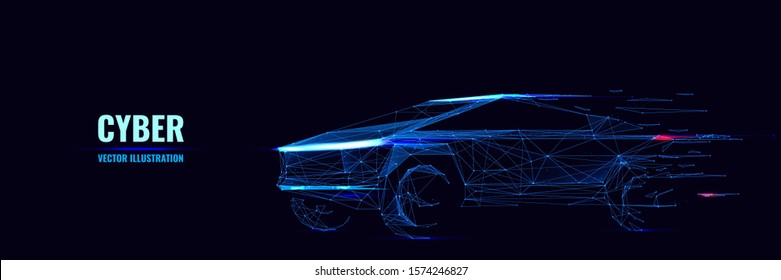 Cyber Car. Futuristic Super Truck. Low Poly Wireframe Illustration With Connected Dots And Blue Bright Light. Isolated Electric Fast Car On Black Background. Digital Banner In Cyberpunk Style.