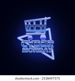 Cyber ​​Monday to celebrate on December 2nd. Shopping cart with futuristic bold text on black background. Hunting online shopping concept.