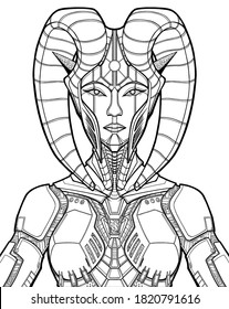 Cyber character close-up, queen extraterrestrial civilization, girl warrior with beautiful face, alien with pointed ears, in helmet with twisted striped horns and mechanical armor, no background.