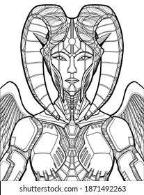 Cyber character close-up, queen extraterrestrial civilization, girl warrior with beautiful face, alien with pointed ears, in helmet with twisted striped horns and mechanical armor with wings, symmetry