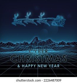 Cyber Christmas and Happy New Year. Futuristic retro landscape with mountains. Geometric Santa Claus on sleigh with gifts and flying reindeer. Suitable for 1980s style design.