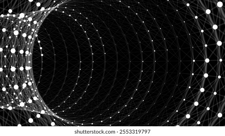 Túnel em círculo cibernético que consiste em mover pontos brilhantes. Fundo de espaço infinito futurista. Conceito de transferência de dados no ciberespaço. Ilustração de alta tecnologia. Ilustração vetorial.