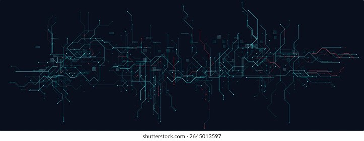 Cyber Circuit Lines With Red and Blue Tech Grid on Dark Background. Futuristic digital interface design with complex technology wiring and glowing nodes. Vector Illustration