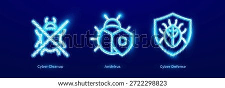 Cyber Cleanup Threat Removal Malware Fix Icons Set. Antivirus Shield Scan Protection Virus Detection Software Neon Logo. Cyber Defense Network Security Firewall Risk Prevention Signs. Vector