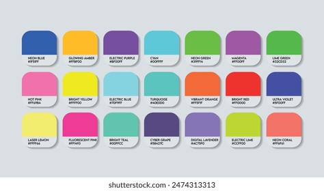 Paleta de colores cibernéticos, Paleta de guías de colores cibernéticos con nombres de colores. Catálogo Muestras de Cyber Color con códigos y nombres RGB HEX. Paleta de Colores vívidos de color Vector, Paleta de colores agradable de moda