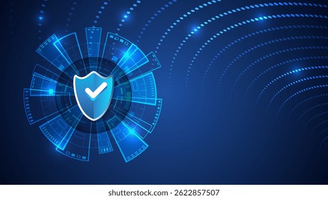 Fondo de concepto de ​​seguridad cibernética con escudo en la brillante interfaz digital. Abstractas diseño azul que representa la protección de datos, la tecnología segura y los sistemas de seguridad en línea.