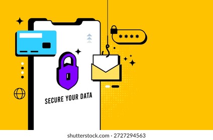 Concepto de ​​seguridad cibernética en teléfono inteligente con icono de bloqueo en la interfaz. Tenga cuidado con los delitos cibernéticos, el phishing y las estafas. Cuenta con protección de correo electrónico, tarjeta de crédito y Contraseña. Vector plano de Profesional para tema de seguridad móvil.