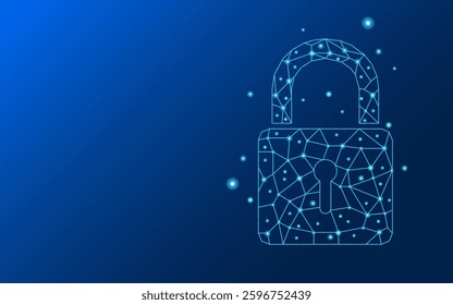 Cyber ​​security concept. Padlock symbol formed by lines and triangles connecting network points on blue technological background