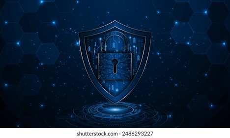 Cyber ​​security concept with shield symbol and lock. Data protection and cyber privacy. modern security technology innovation concept background
