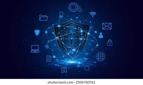 Cyber ​​security concept with shield symbol and lock. Data protection and cyber privacy. Innovative concept of advanced safety technology	