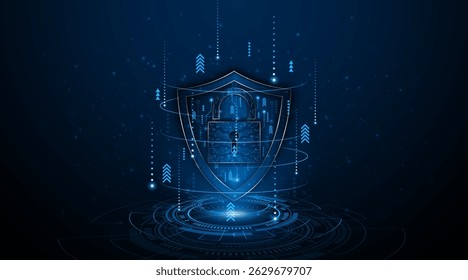 Concepto de ​​seguridad cibernética con símbolo de escudo y cerradura. Protección de datos y ciberprivacidad. Concepto innovador de tecnología de seguridad avanzada	