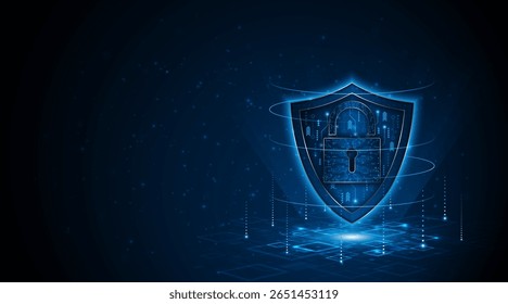 Cyber ​​security concept with shield symbol and lock. Data protection and cyber privacy. Innovative concept of advanced safety technology	