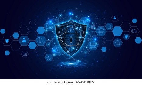 Cyber ​​security concept with shield symbol and lock. Data protection and cyber privacy. Innovative concept of advanced safety technology	