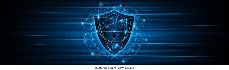 Cyber ​​security concept with shield symbol and lock. Data protection and cyber privacy. Innovative concept of advanced safety technology	