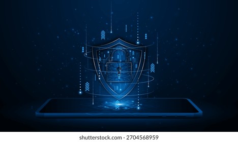 Cyber ​​security concept with shield symbol and lock on tablet or smartphone. Data protection and cyber privacy. Innovative concept of advanced safety technology	