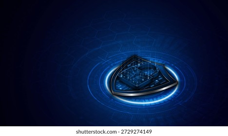 ​ Conceito ​ cibersegurança com símbolo de escudo e trava. Proteção de dados e ciberprivacidade. Conceito inovador de tecnologia de segurança avançada