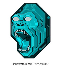 Cyber creative art close up chip accent style monkey (Connection). Team esports icon templates: monkey face, cyan, chip path. Front, top view.