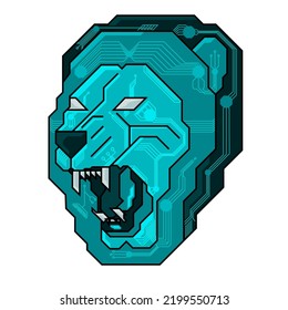 Cyber creative art close up of a roaring lion with circuit chip accents (Connections). Esports team icon templates: lion face, cyan, chip path. Front view, top.
