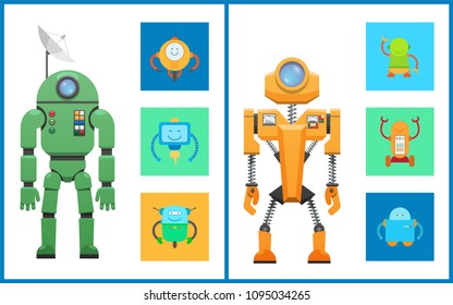 Cyber creatures robots set that have own features, scientific models, bots with wheels and face, vector illustration isolated on white background.