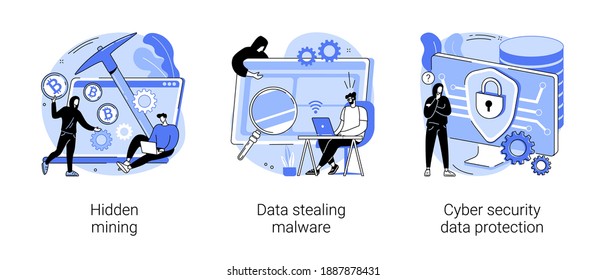 Cyber crime abstract concept vector illustration set. Hidden mining, data stealing malware, cyber security data protection, miner bot, script development, hacker attack, cyberattack abstract metaphor.