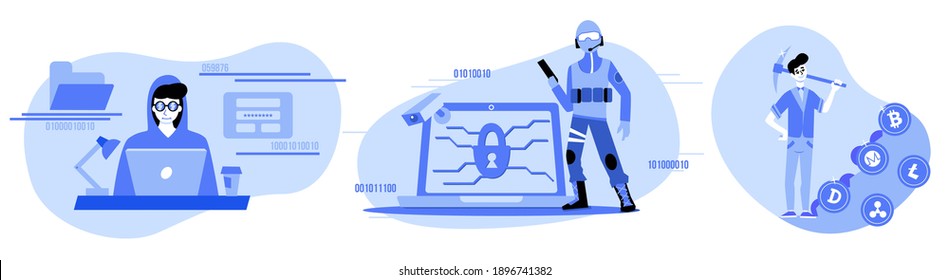 Conjunto de ilustraciones vectoriales de concepto abstracto de delitos cibernéticos. Minería oculta, robo de datos de malware, protección de datos de ciberseguridad, robot minero, desarrollo de guiones, ataque de hackers, metáfora abstracta de ciberataques.