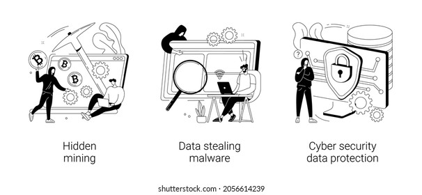 Cyber Crime Abstract Concept Vector Illustration Set. Hidden Mining, Data Stealing Malware, Cyber Security Data Protection, Miner Bot, Script Development, Hacker Attack, Cyberattack Abstract Metaphor.