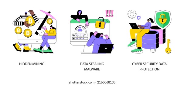 Cyber Crime Abstract Concept Vector Illustration Set. Hidden Mining, Data Stealing Malware, Cyber Security Data Protection, Miner Bot, Script Development, Hacker Attack, Cyberattack Abstract Metaphor.