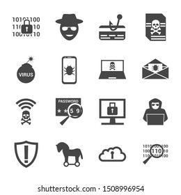 Cyber crime and attack icons set with information and money theft fishing hackers virus bomb trojan horse computer laptop mobile mail cloud storage hacking. Isolated vector illustration