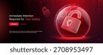 Cyber Crime Attack. Cyber Security Alert With Glowing Unlock Icon In Red Protective Sphere, Digital Cybersecurity Warning Banner For Online Safety, Futuristic Tech Threat Concept, Vector Illustration