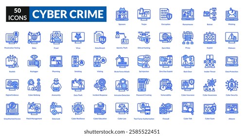 Cyber crime blue icon collection set. Includes hacker, malware, phishing, ransomware, spyware, breach, fraud, firewall, encryption, password, identity, scam, virus, threat, surveillance