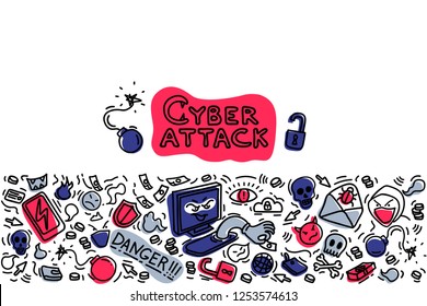 Delitos cibernéticos. Concepto de fraude informático. La chaqueta comete robo. Ilustración del vector, estilo de dibujo a mano